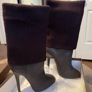 BeBe Adele Brown Leather Sweater Knit High Heeled Boots, Size 9 NEW